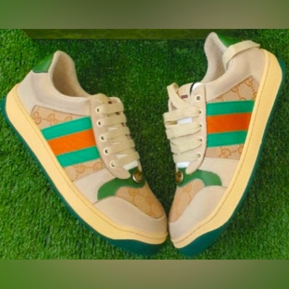 GUCCI Screener Monogrammed Canvas & Webbing-Trimmed Distressed Sneakers, EUC - Picture 1 of 17